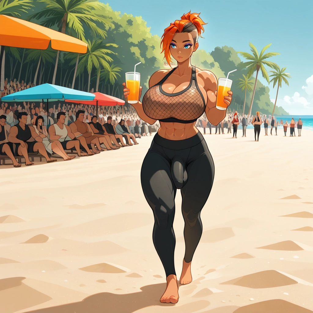 futanari, beach, palm tree, bulge, tree, breasts · Yamete.gg