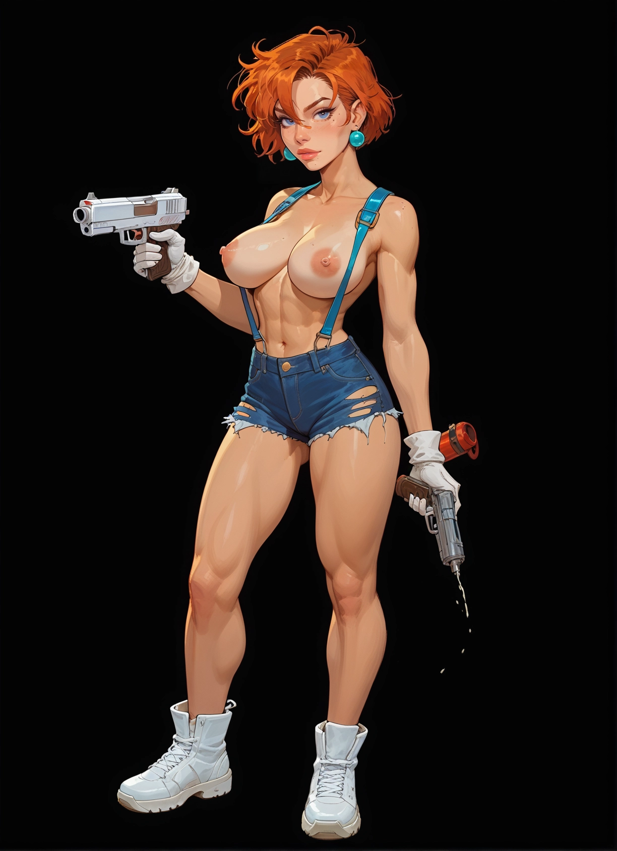 1girl, breasts, nipples, solo, weapon, gun · Yamete.gg