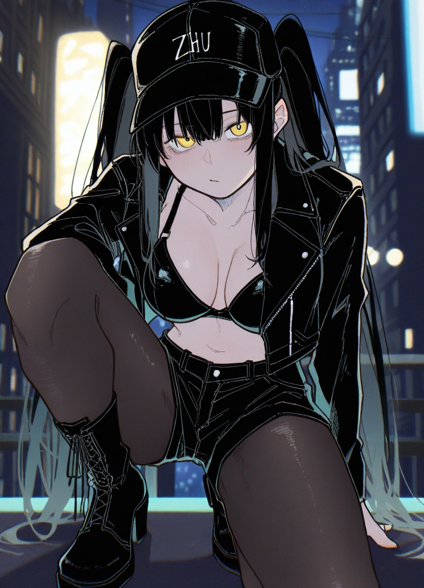 1girl, pantyhose, breasts, shorts, hat, yellow eyes · Yamete.gg