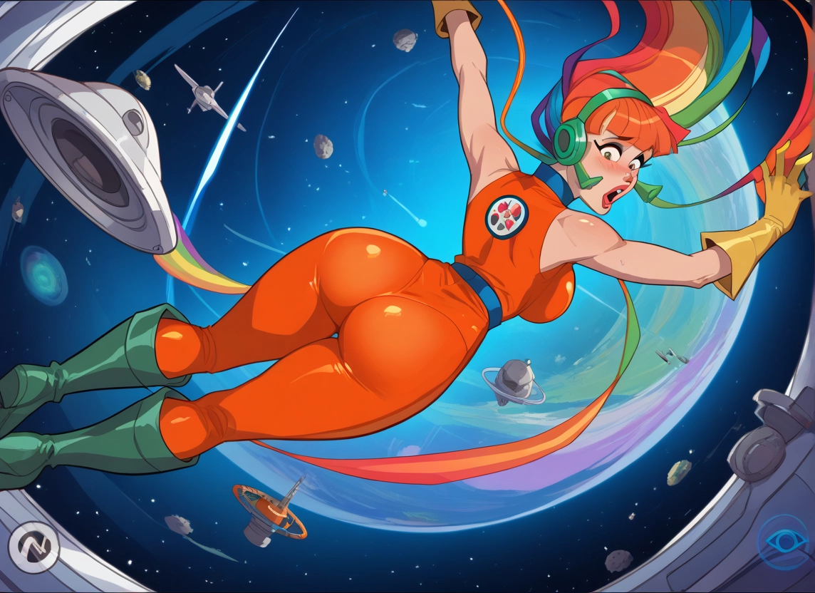1girl, ass, gloves, orange hair, space, solo