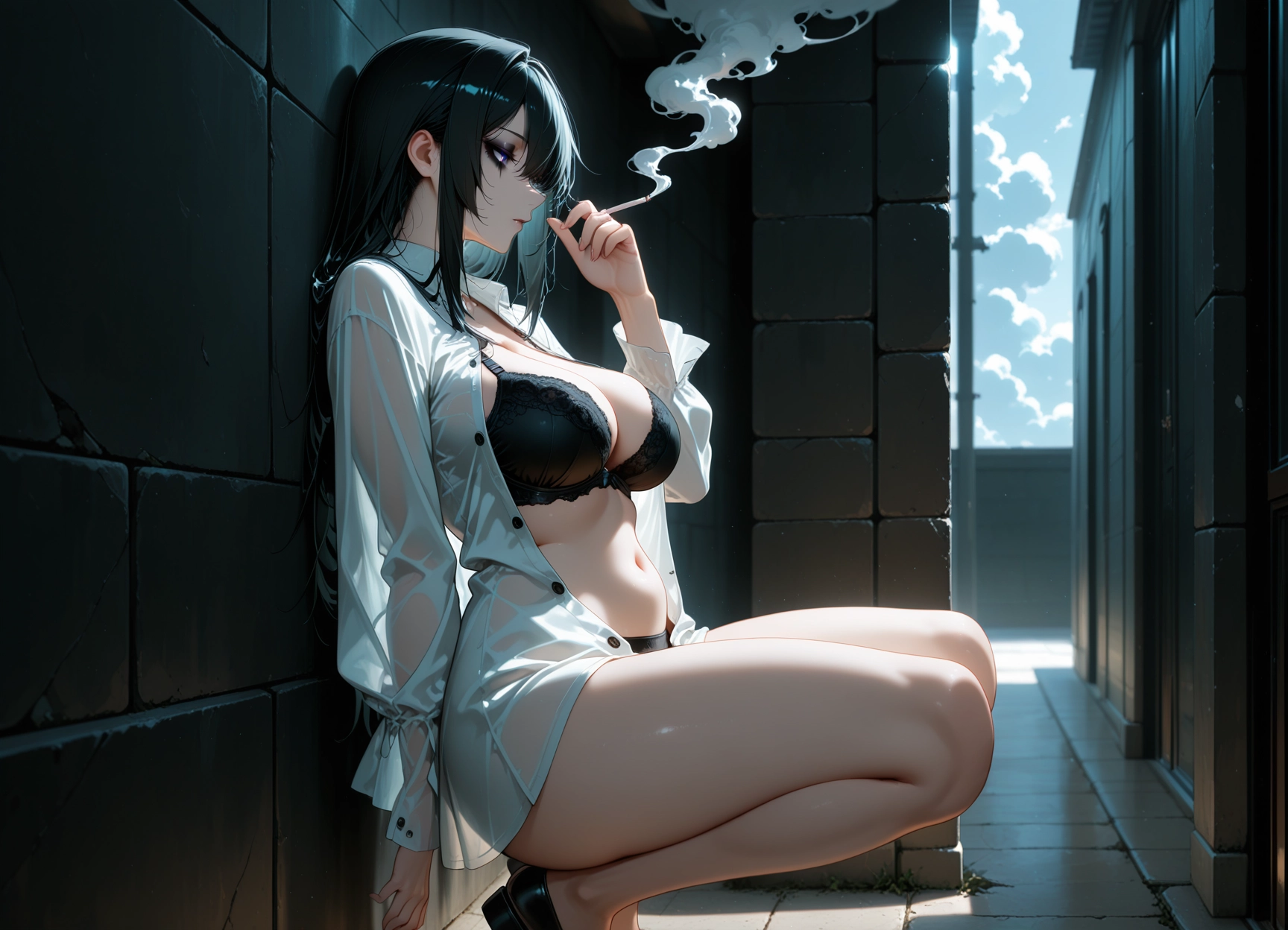 1girl, breasts, cigarette, holding cigarette, solo, bra · Yamete.gg