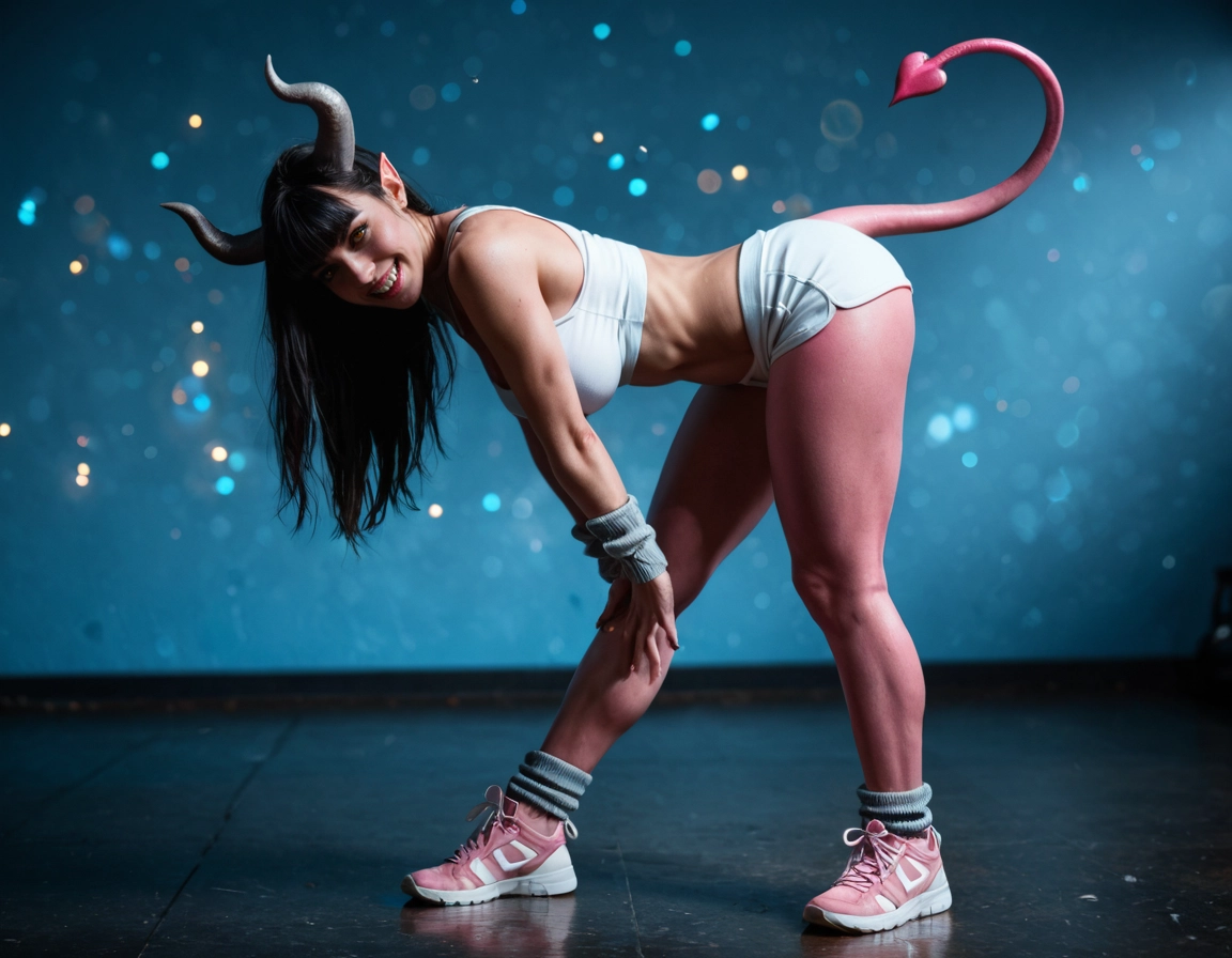 1girl, solo, horns, tail, shorts, demon girl · Yamete.gg