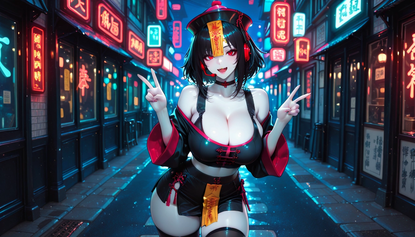 1girl, breasts, ofuda, jiangshi, red eyes, skirt · Yamete.gg
