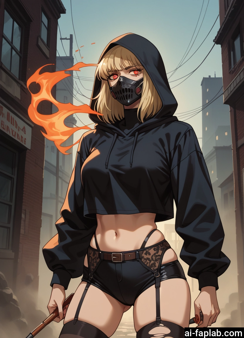 1girl, mask, hood, navel, thighhighs, shorts