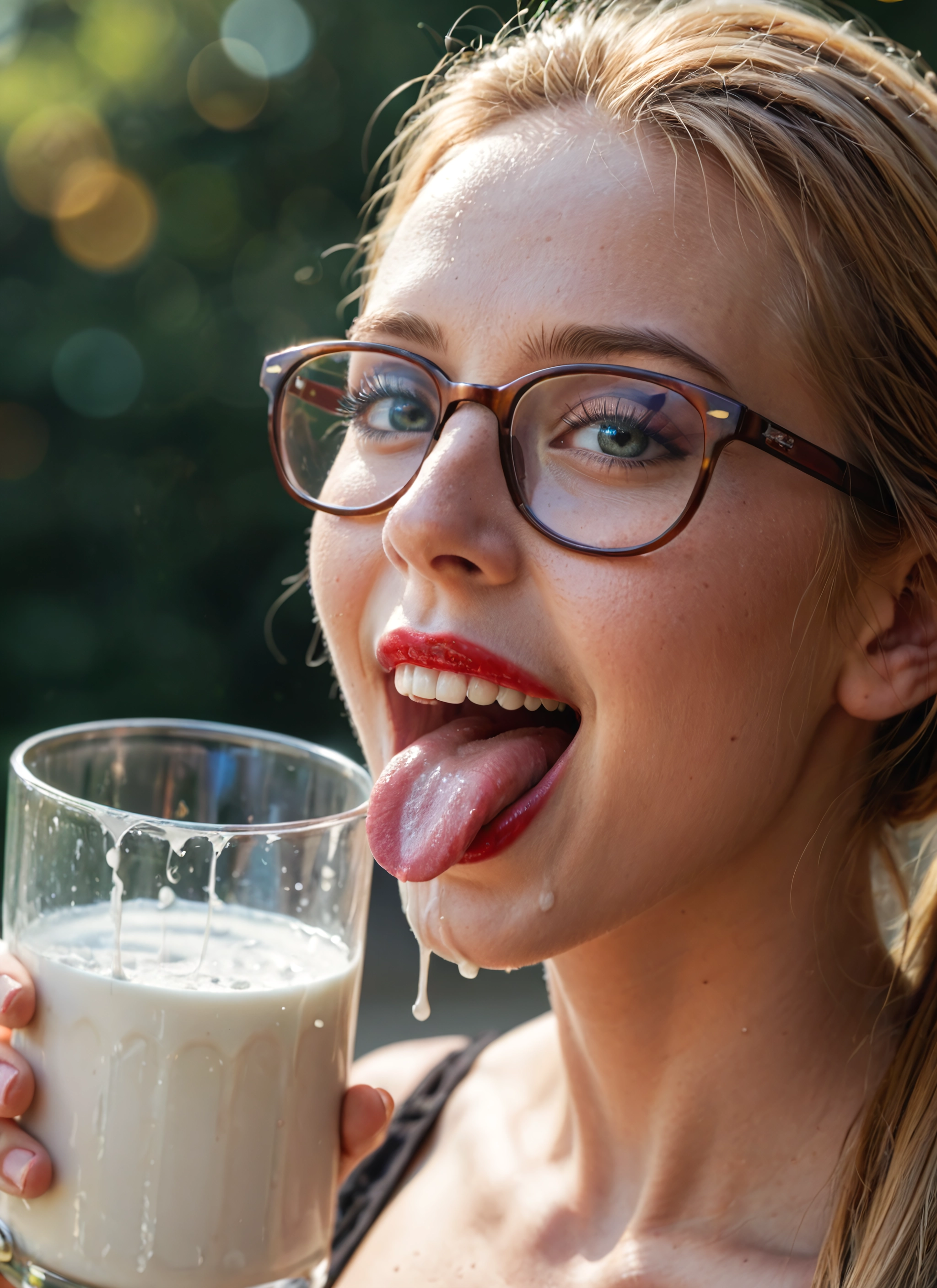 1girl, solo, glasses, tongue, tongue out, cup · Yamete.gg