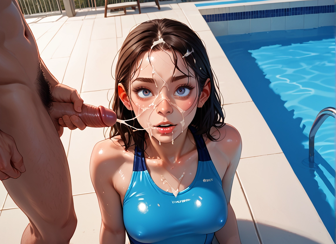 penis, 1girl, breasts, cum, swimsuit, 1boy · Yamete.gg