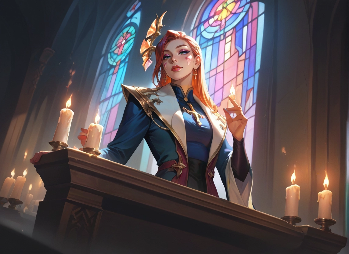 1girl, jewelry, solo, candle, earrings, stained glass · Yamete.gg