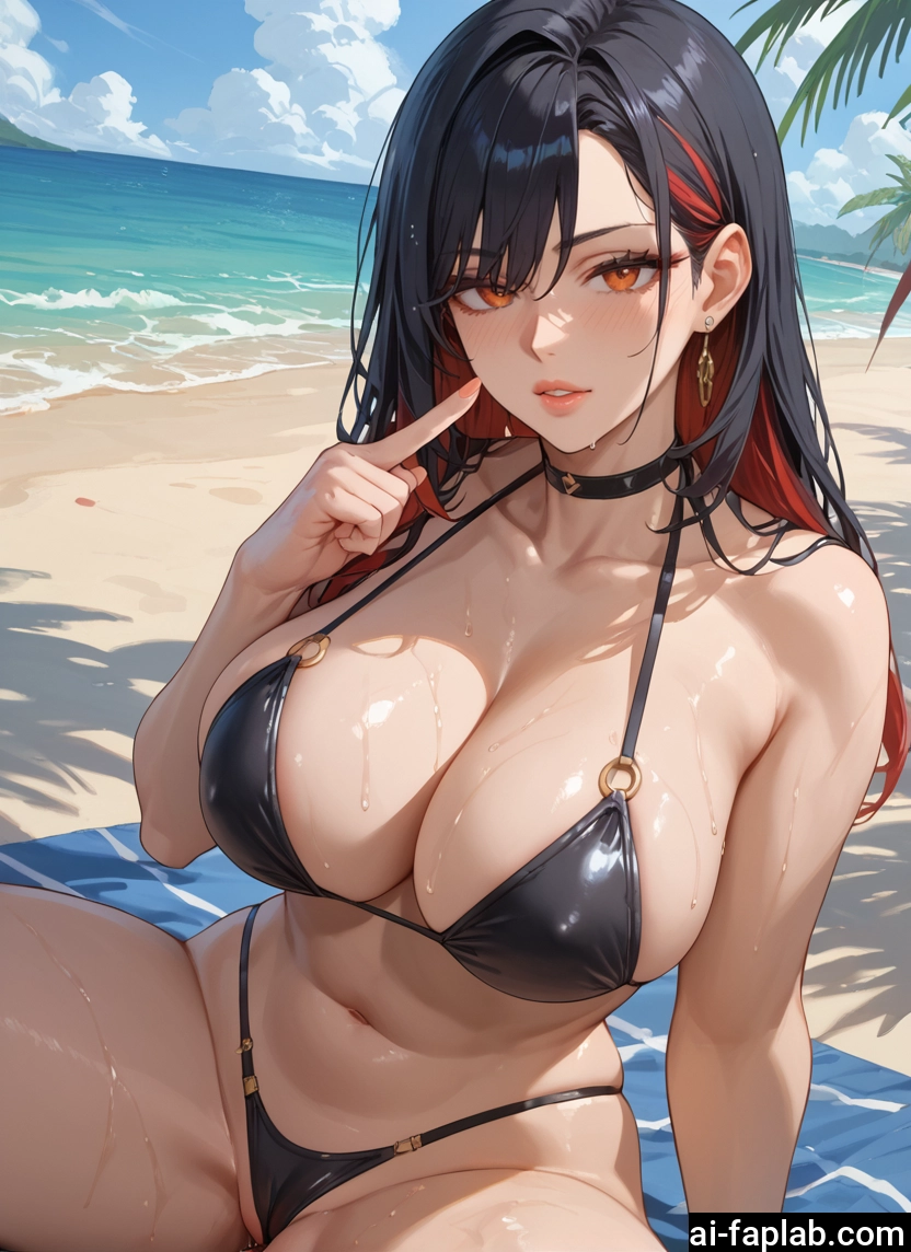 breasts, 1girl, swimsuit, bikini, black hair, large breasts · Yamete.gg