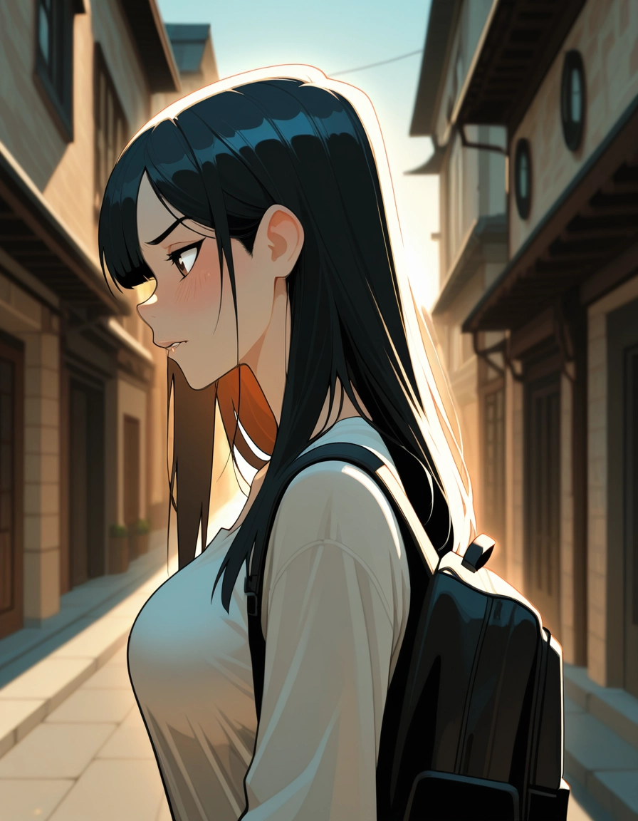 1girl, solo, backpack, black hair, bag, blush · Yamete.gg