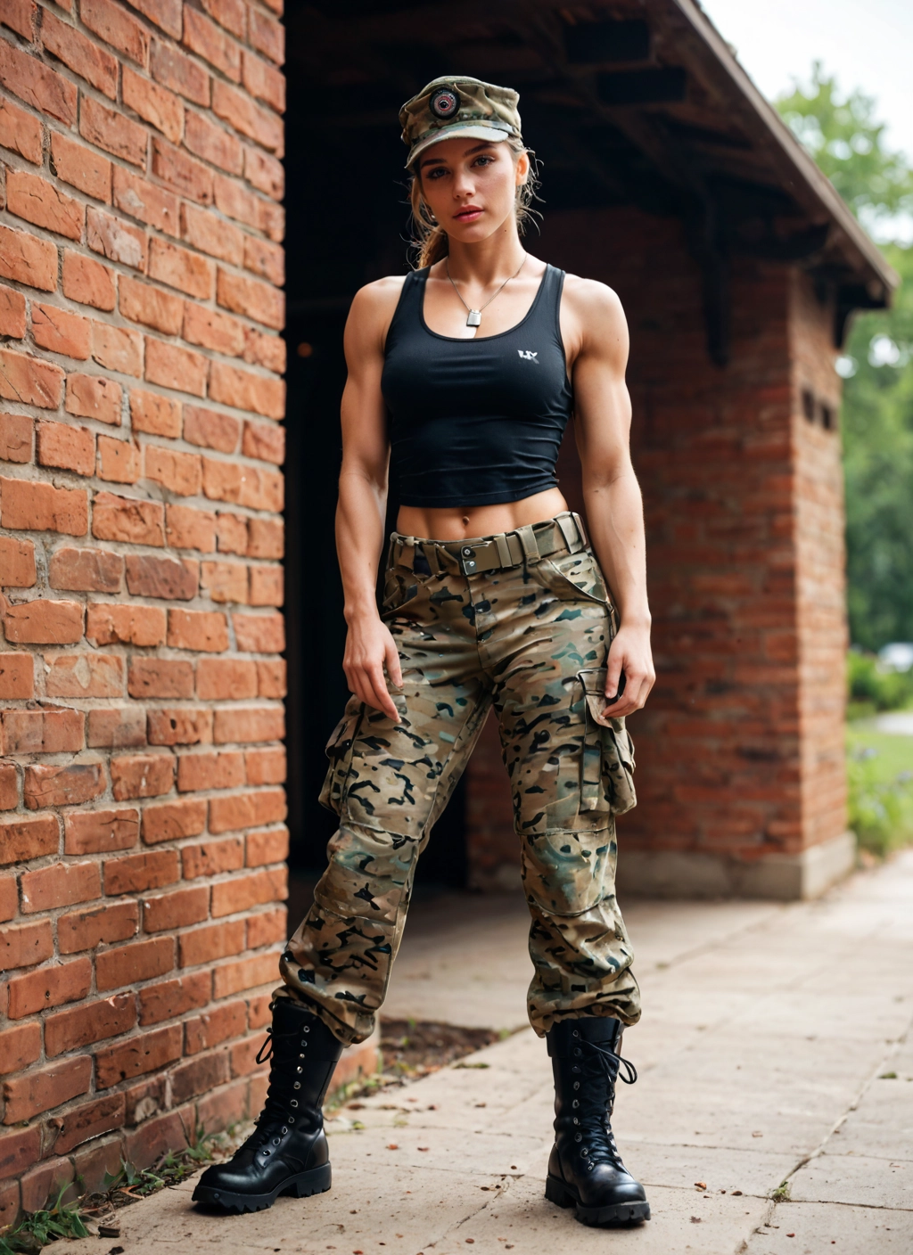 solo, hat, boots, 1girl, camouflage, tank top · Yamete.gg