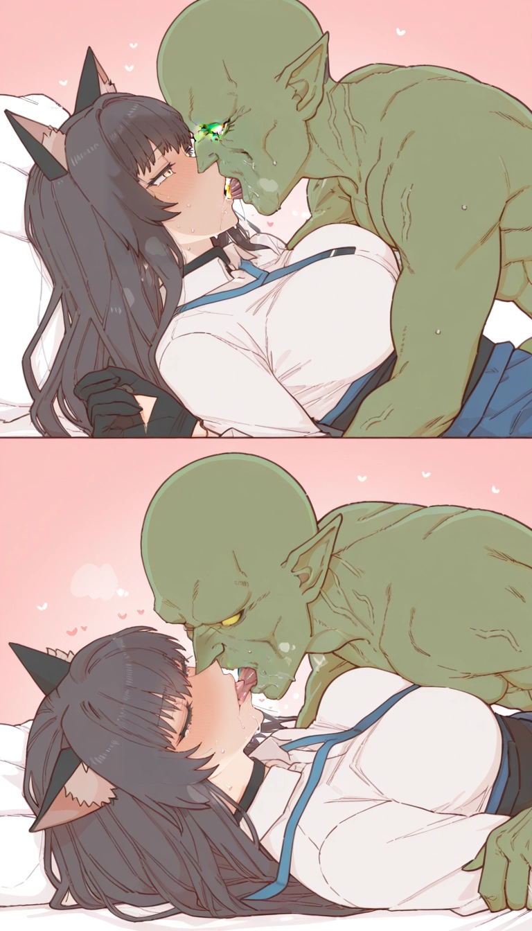 1girl, kiss, french kiss, 1boy, breasts, animal ears