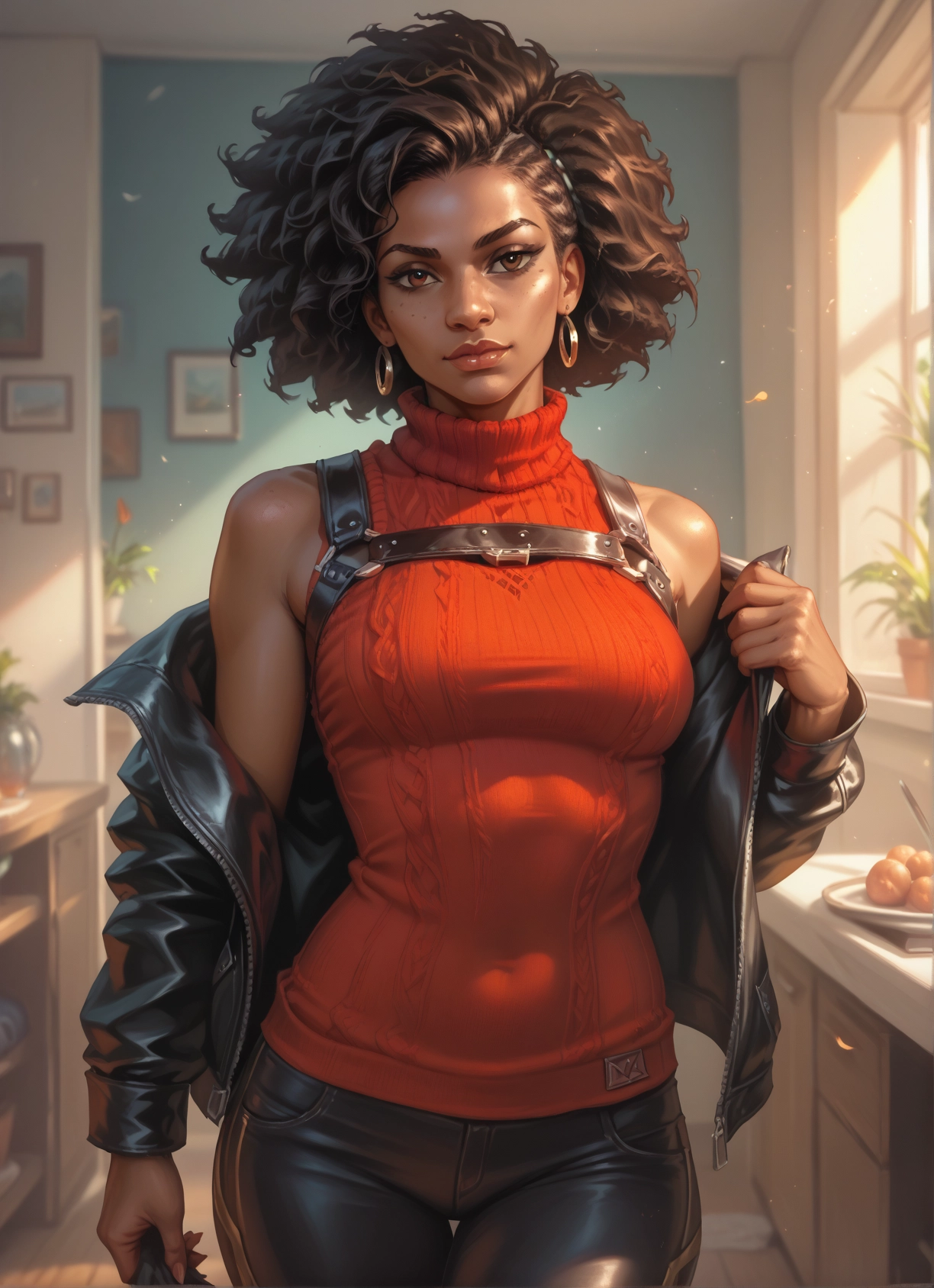 1girl, solo, jewelry, earrings, jacket, pants · Yamete.gg