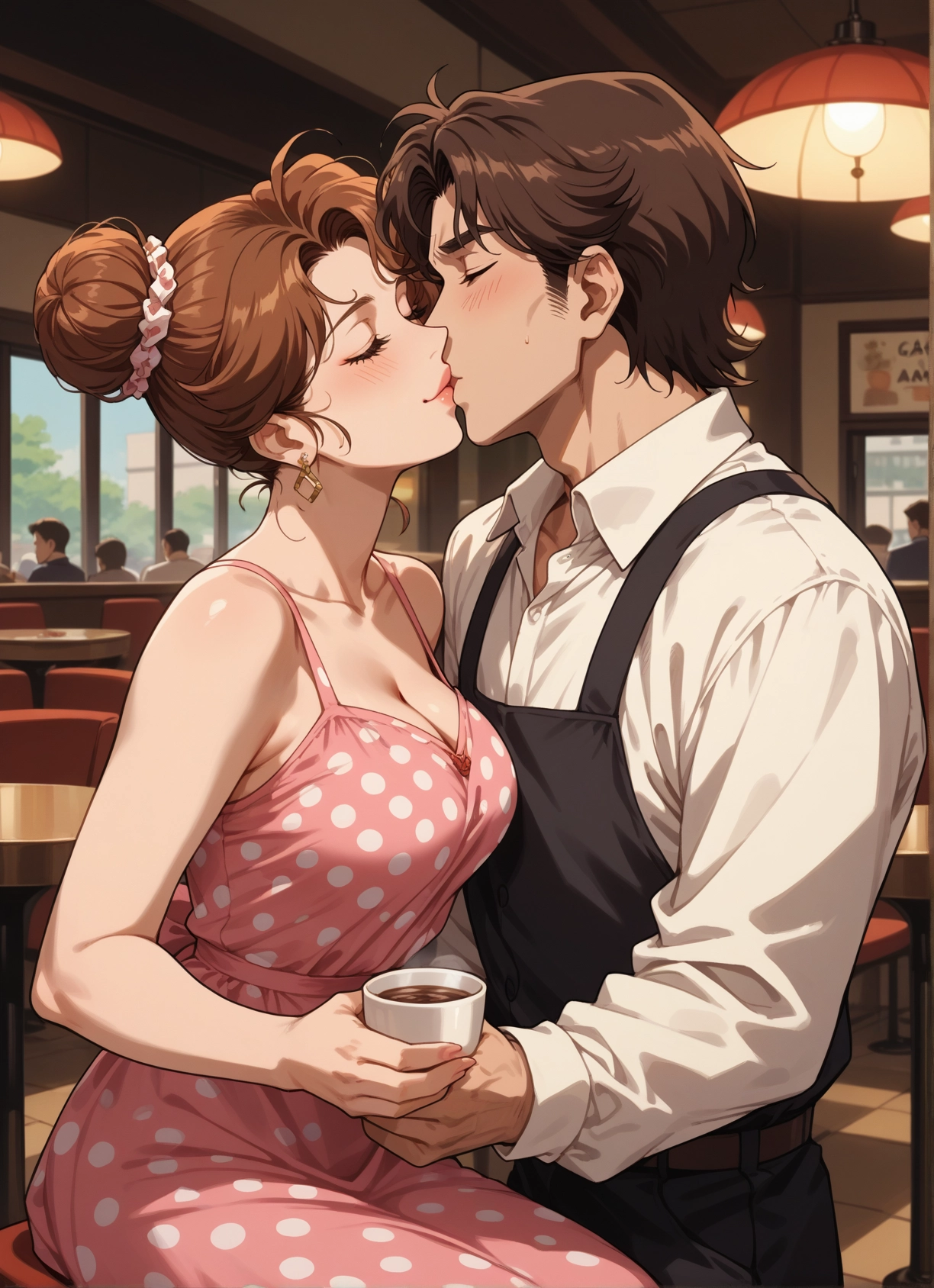 breasts, 1girl, brown hair, dress, closed eyes, cup · Yamete.gg