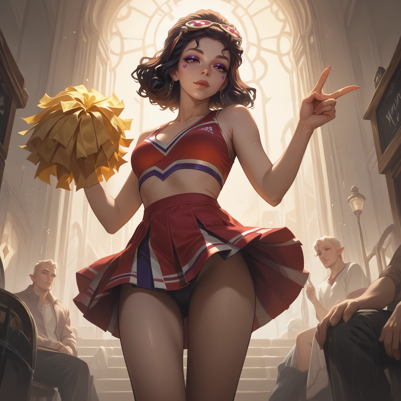 cheerleader, pom pom (cheerleading), skirt, 1girl, v, multiple boys · Yamete.gg