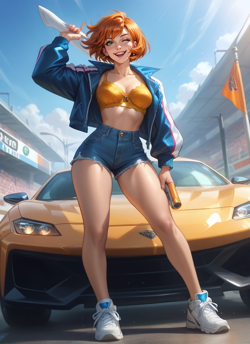 1girl, breasts, shorts, motor vehicle, ground vehicle, one eye closed · Yamete.gg