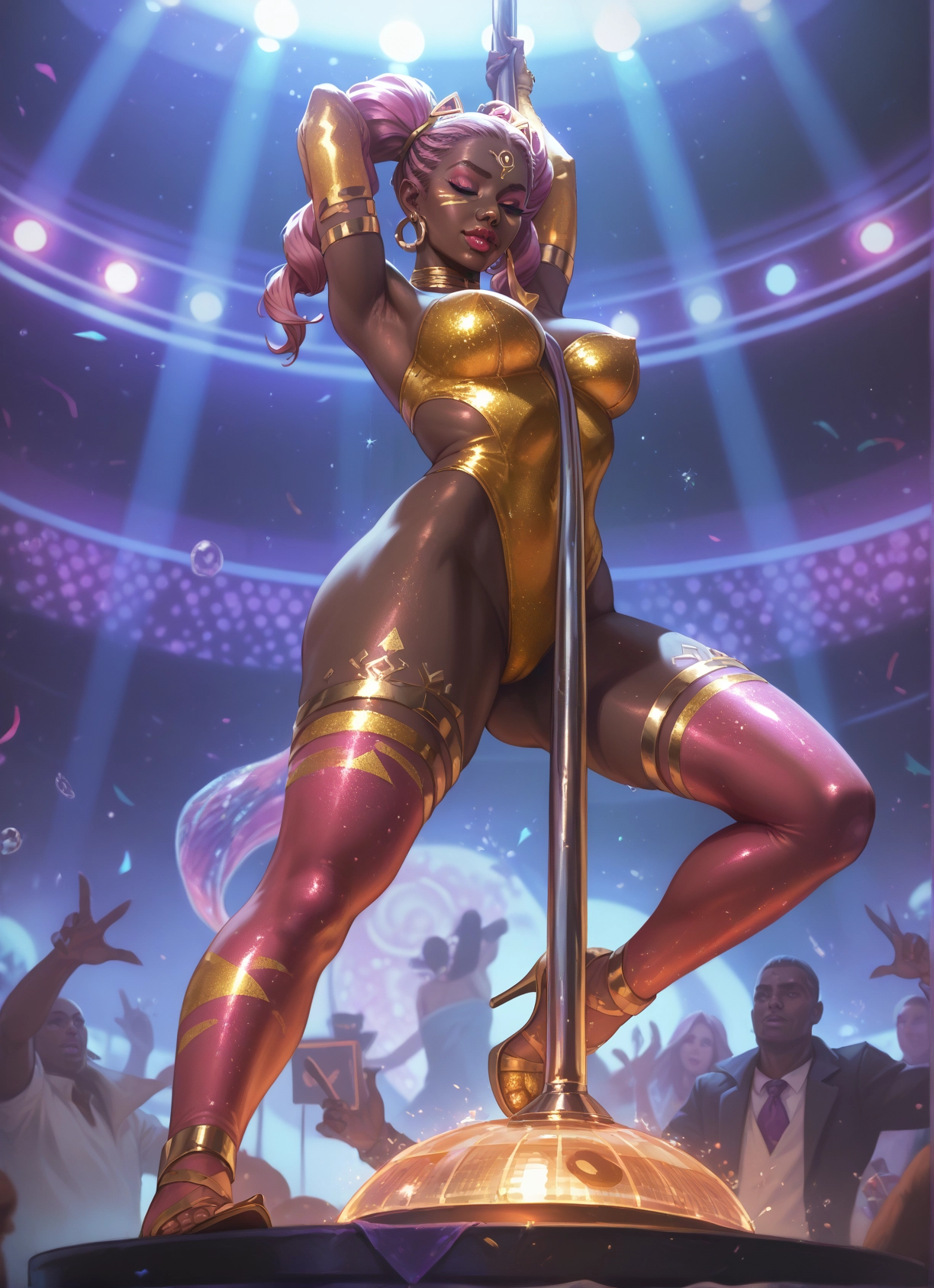 breasts, jewelry, pole dancing, high heels, earrings, dark skin · Yamete.gg
