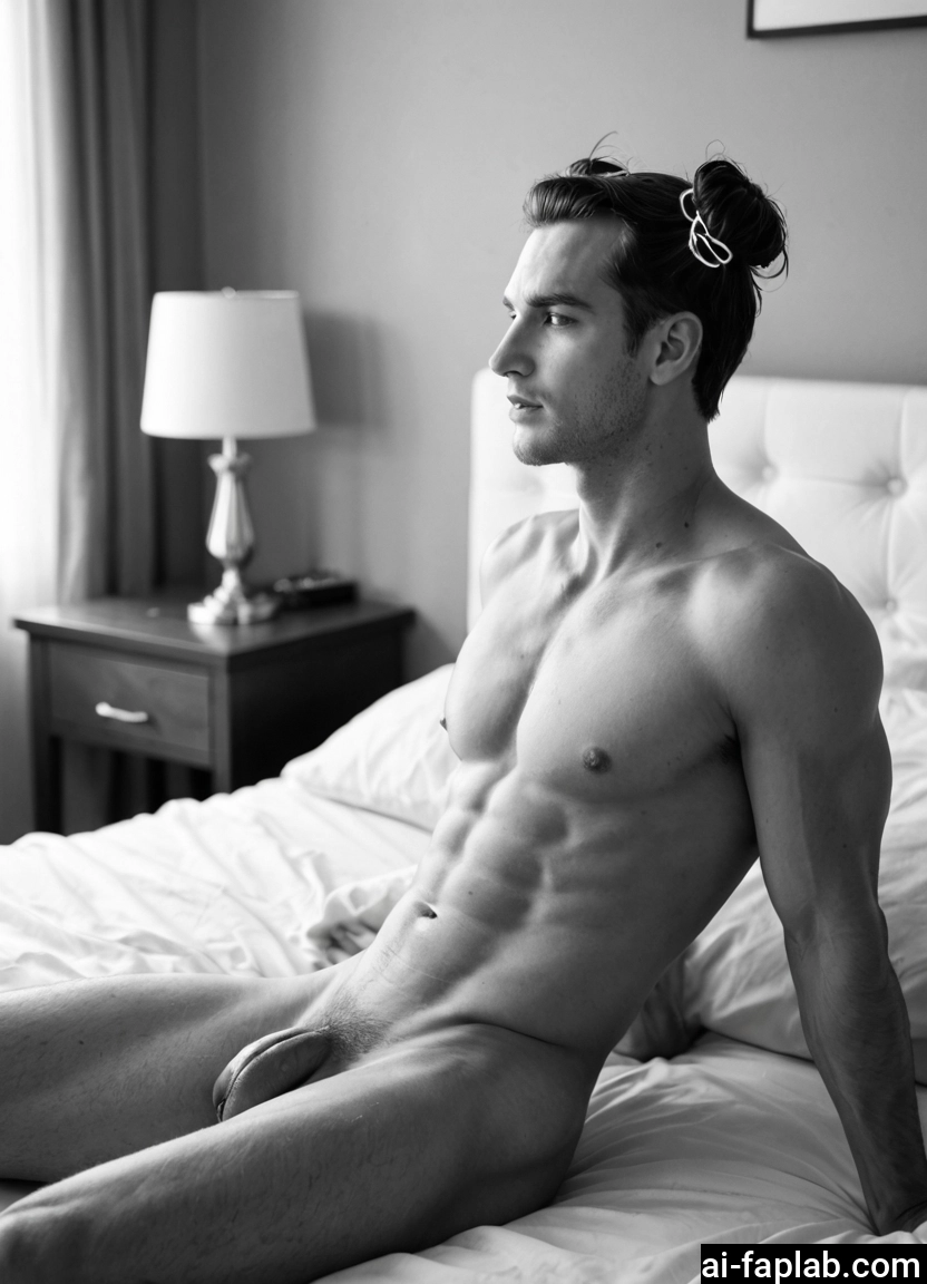bara, 1boy, male focus, solo, greyscale, monochrome