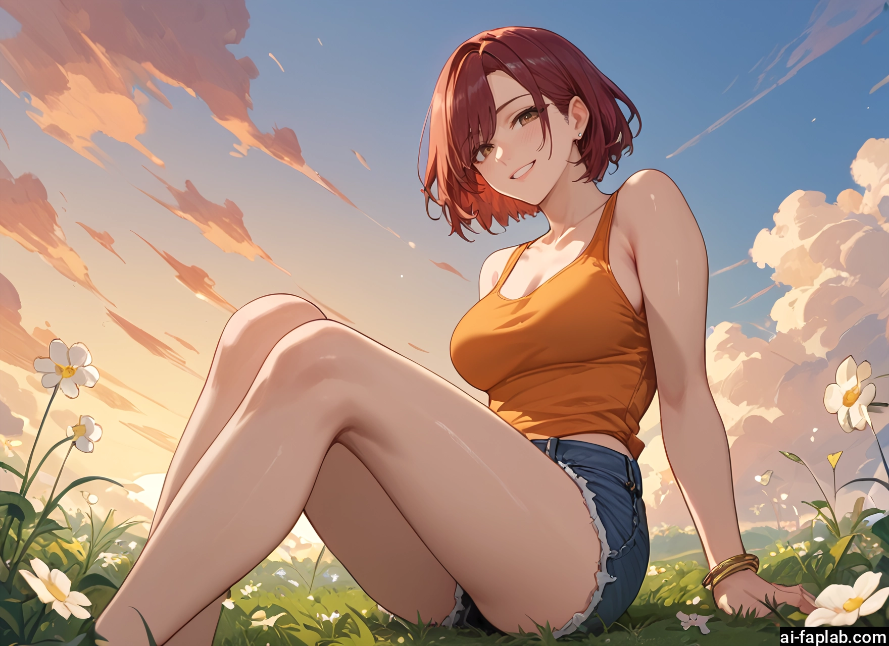 1girl, shorts, breasts, flower, jewelry, smile · Yamete.gg