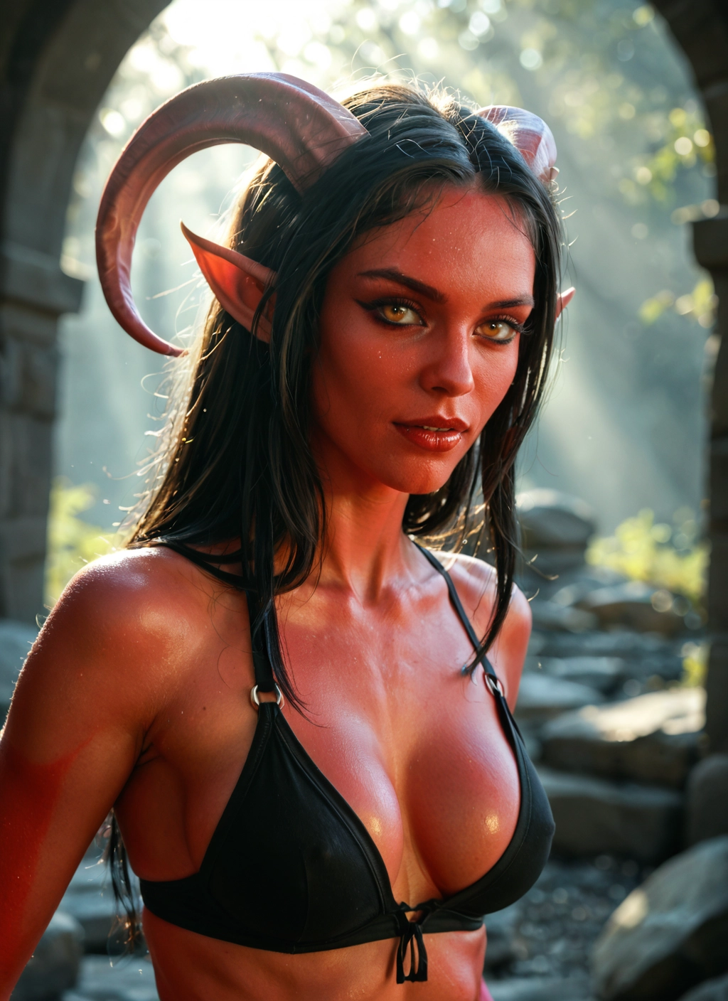 1girl, solo, horns, breasts, pointy ears, long hair · Yamete.gg