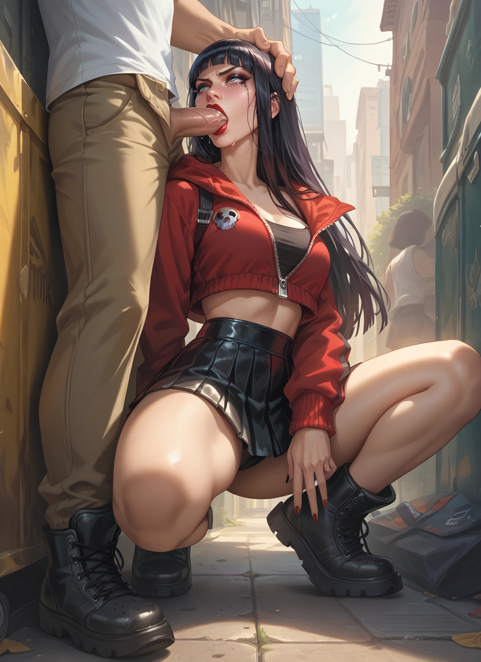 penis, oral, fellatio, hetero, skirt, black hair · Yamete.gg