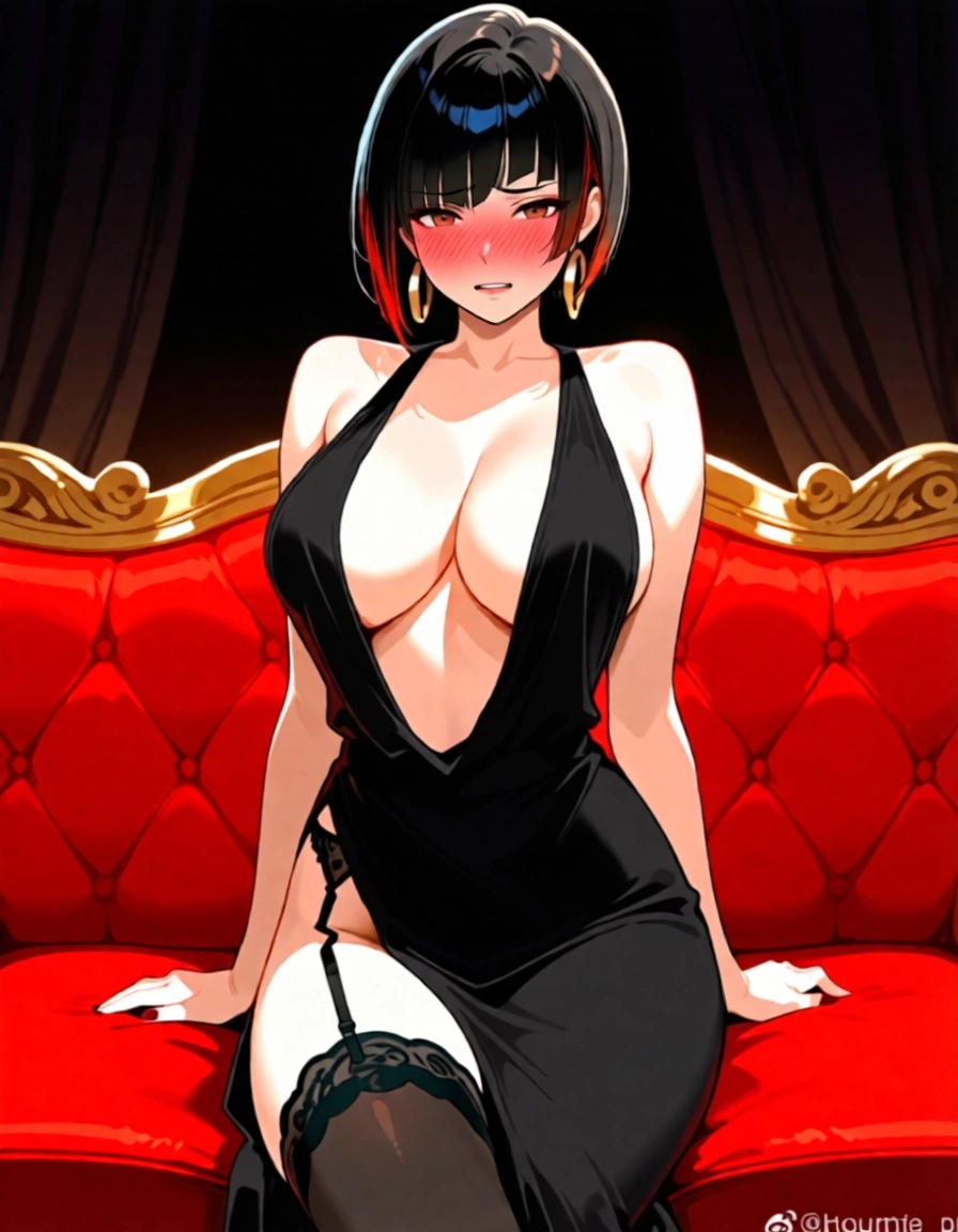1girl, breasts, black hair, solo, dress, jewelry · Yamete.gg