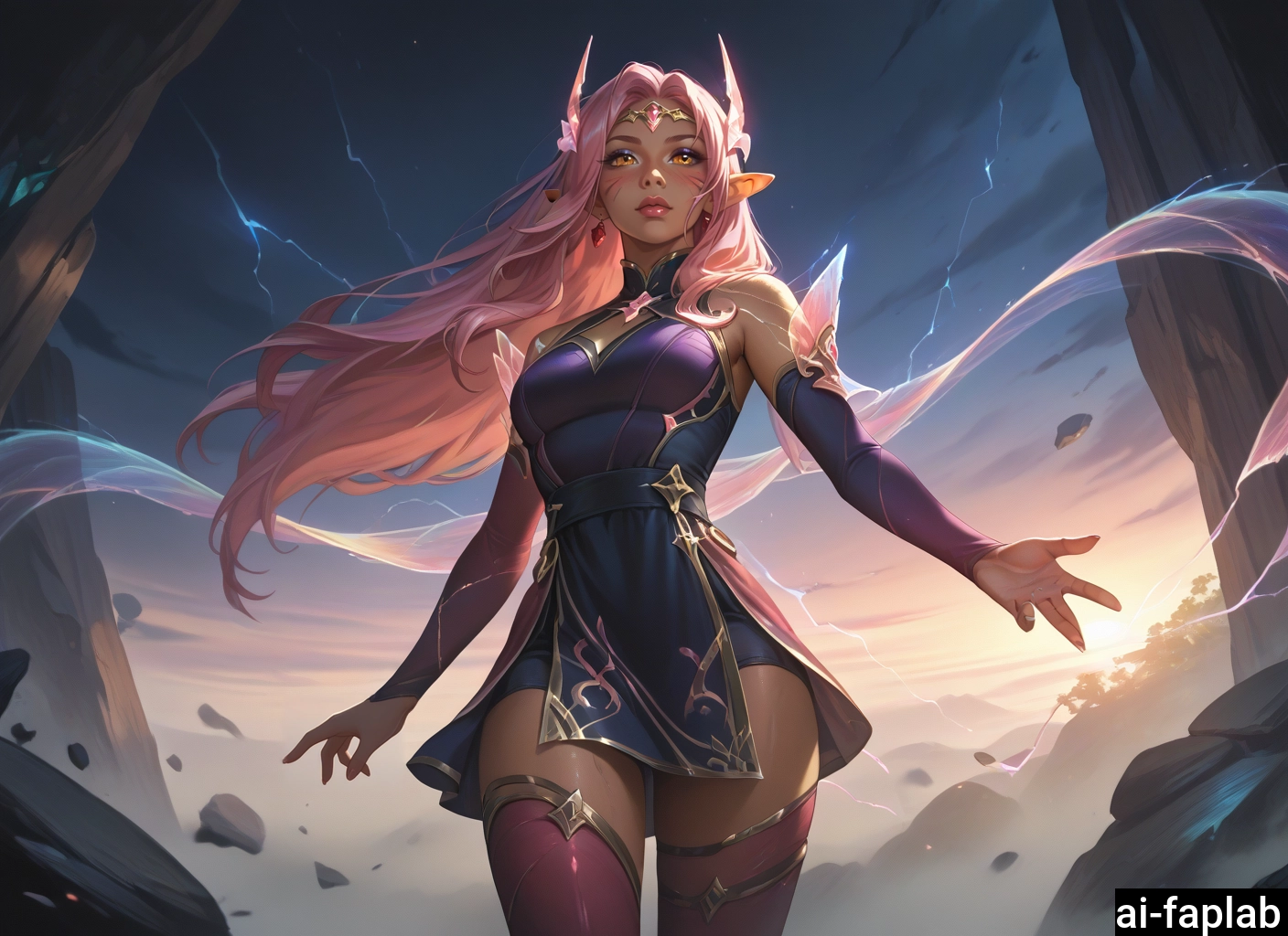 1girl, solo, pink hair, long hair, pointy ears, thighhighs · Yamete.gg