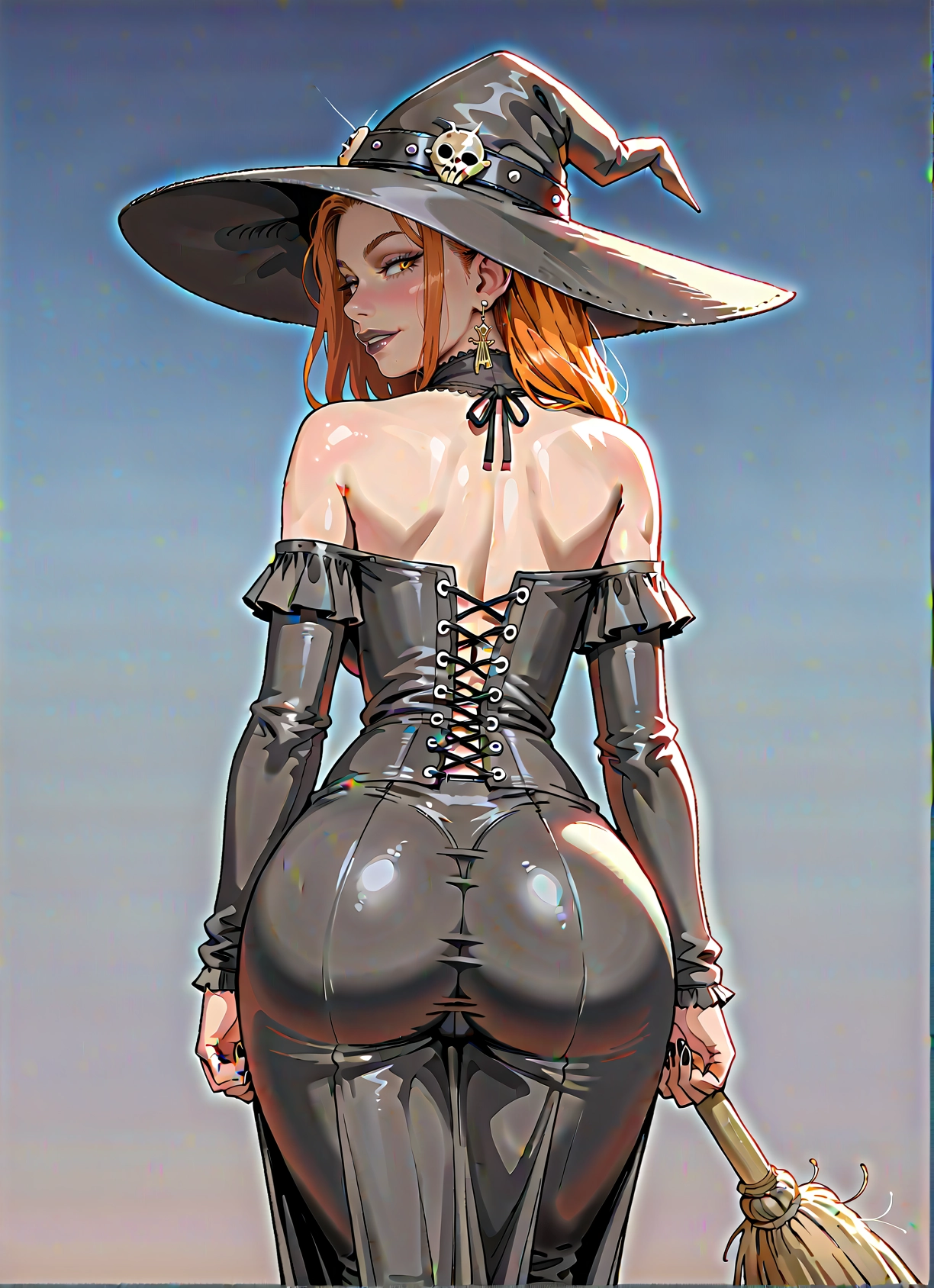 1girl, hat, broom, ass, solo, witch hat