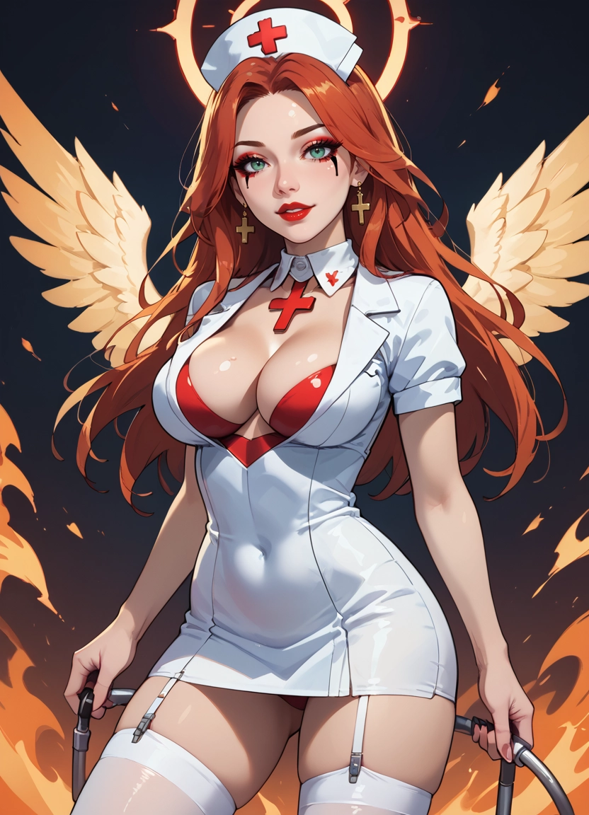 1girl, nurse, nurse cap, solo, breasts, cross