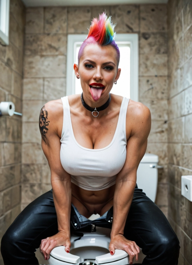 1girl, solo, breasts, tattoo, pants, toilet · Yamete.gg