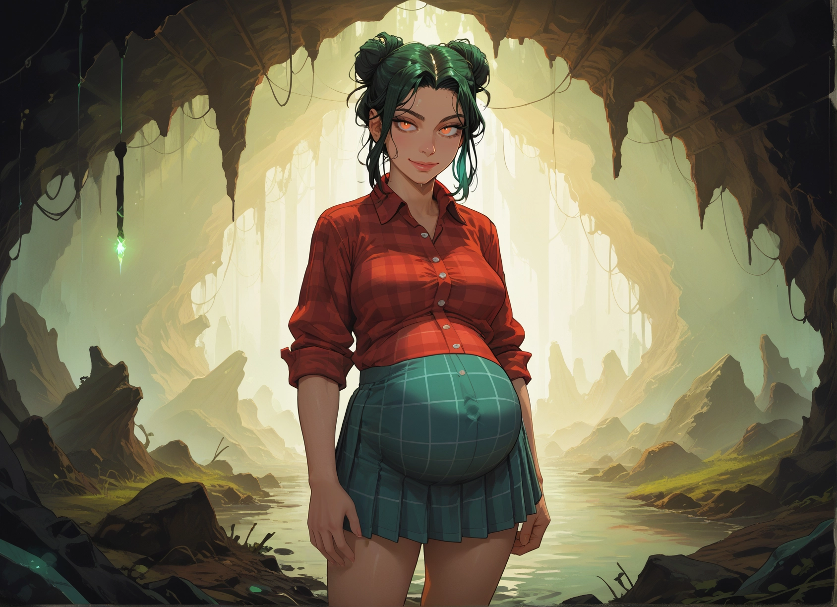 1girl, skirt, pregnant, solo, shirt, double bun