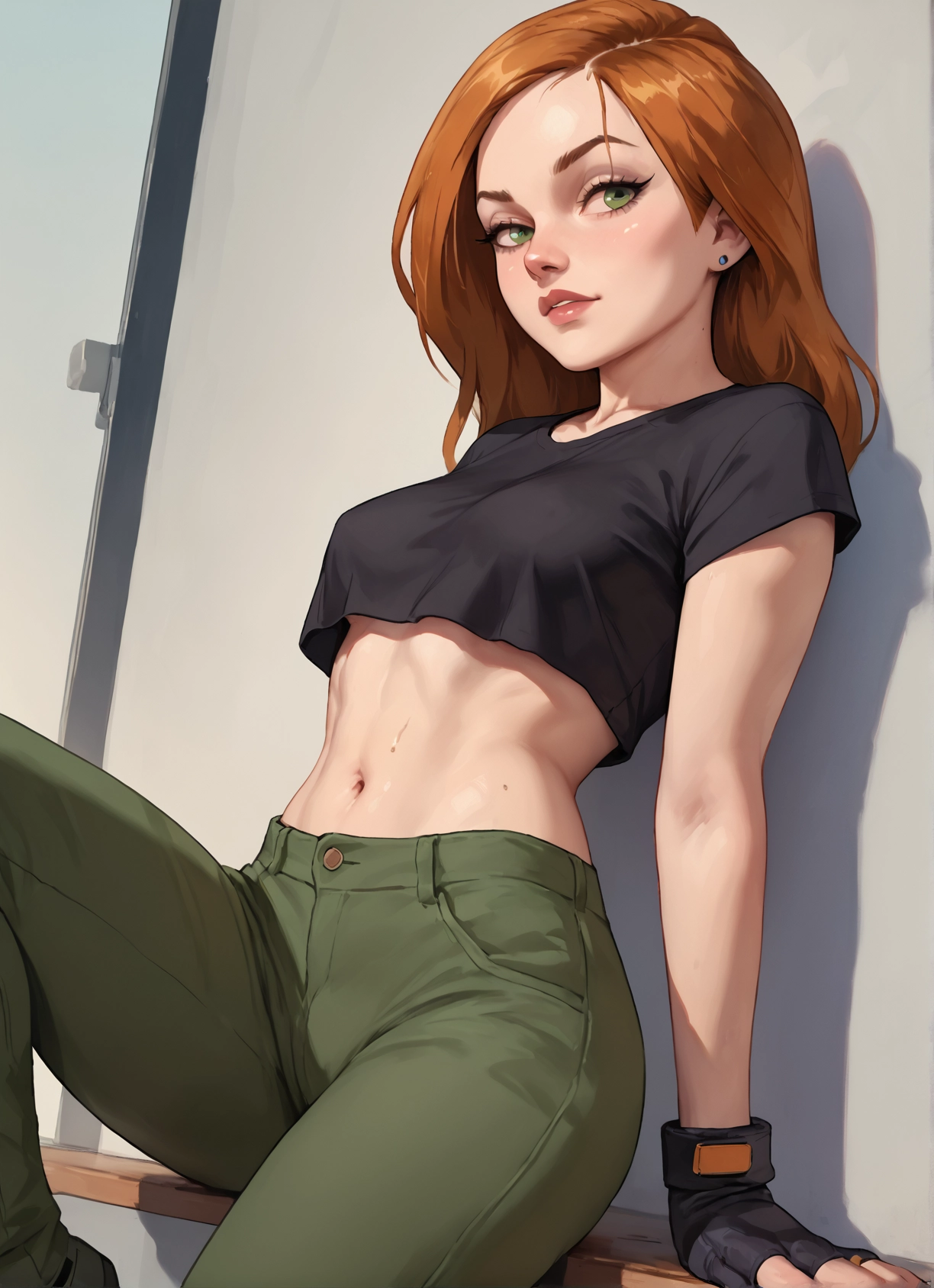 1girl, solo, gloves, green eyes, navel, fingerless gloves · Yamete.gg