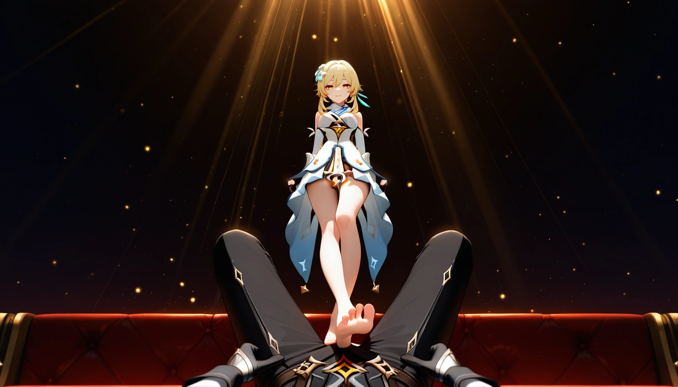 lumine (genshin impact), 1girl, 1boy, dress, feet, blonde hair · Yamete.gg