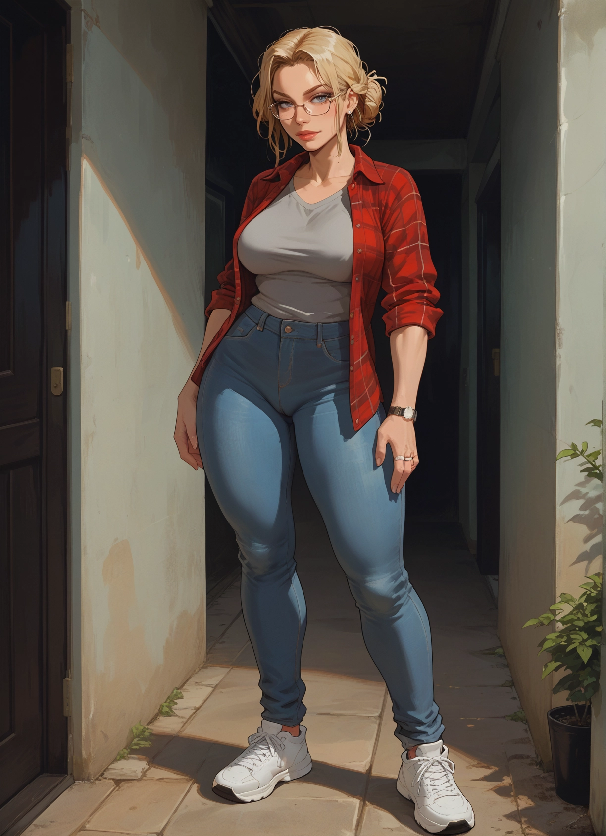 1girl, blonde hair, pants, breasts, jewelry, glasses · Yamete.gg