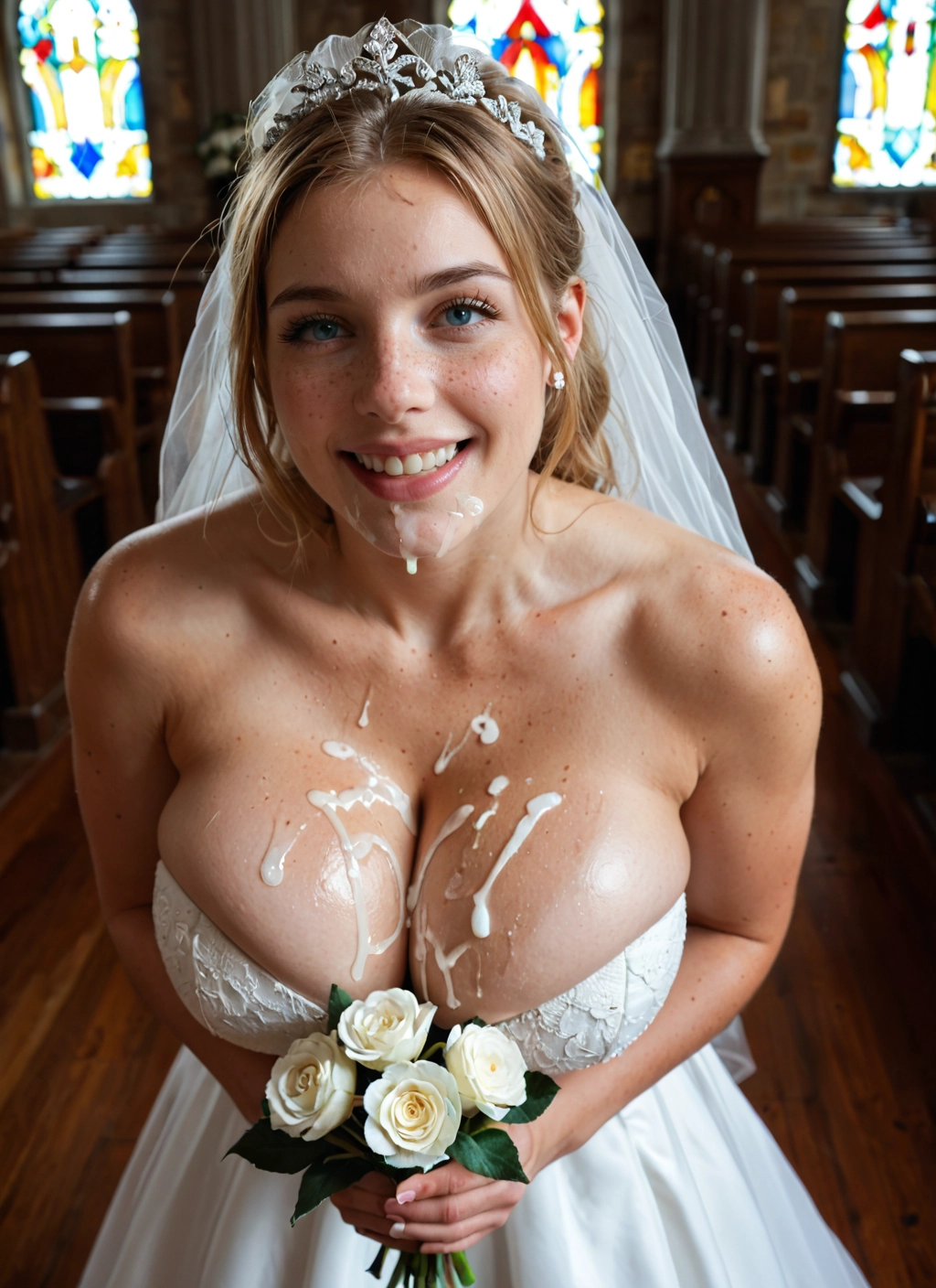 1girl, breasts, dress, cum, flower, wedding dress · Yamete.gg