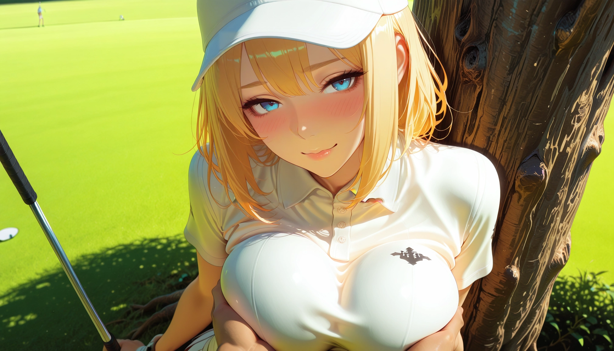 breasts, blonde hair, 1girl, sportswear, blush, blue eyes · Yamete.gg