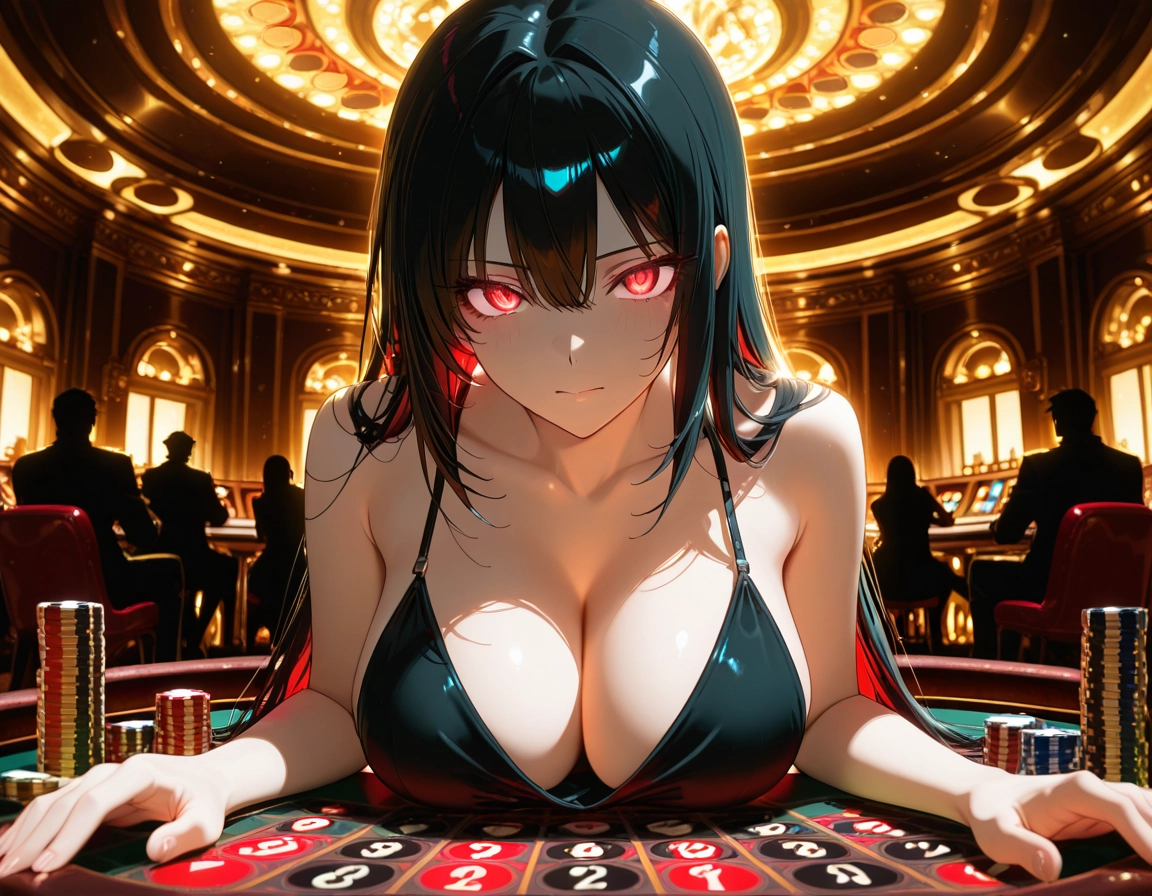 breasts, 1girl, large breasts, black hair, indoors, cleavage · Yamete.gg