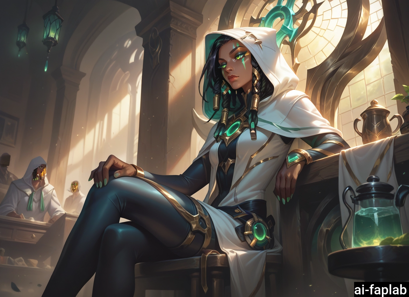 dark skin, crossed legs, dark-skinned female, sitting, 1girl, hood · Yamete.gg