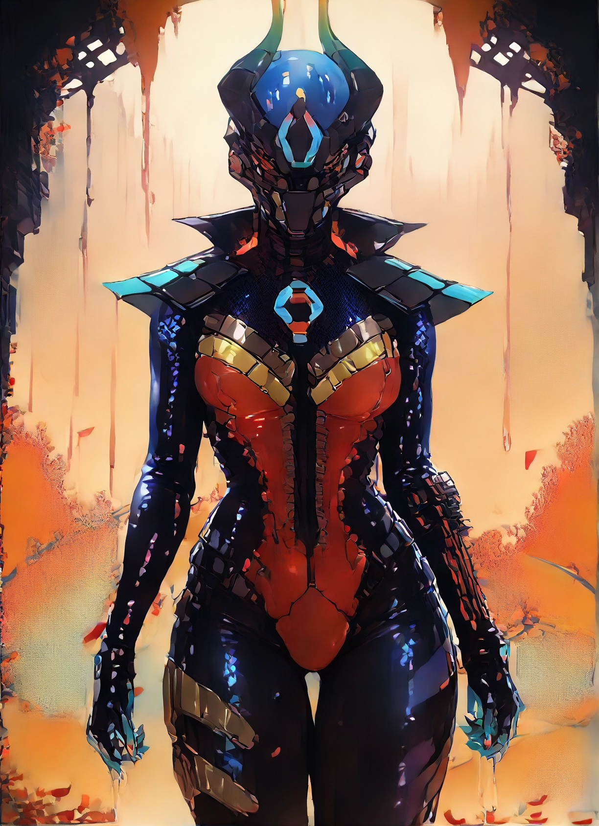 1girl, solo, breasts, bodysuit, helmet, horns · Yamete.gg