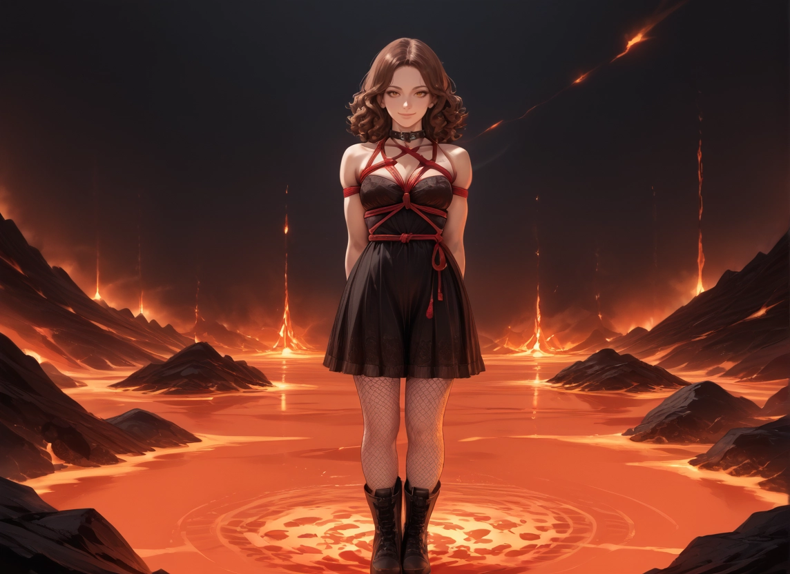 1girl, solo, brown hair, dress, boots, fishnets · Yamete.gg