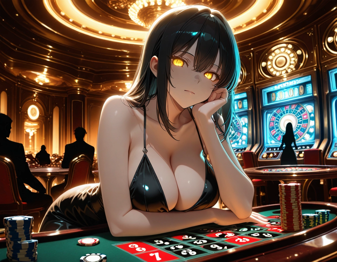 breasts, dress, cleavage, black dress, yellow eyes, indoors · Yamete.gg