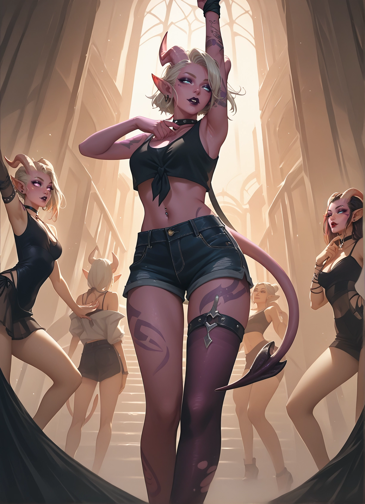 multiple girls, horns, tail, shorts, piercing, navel piercing · Yamete.gg