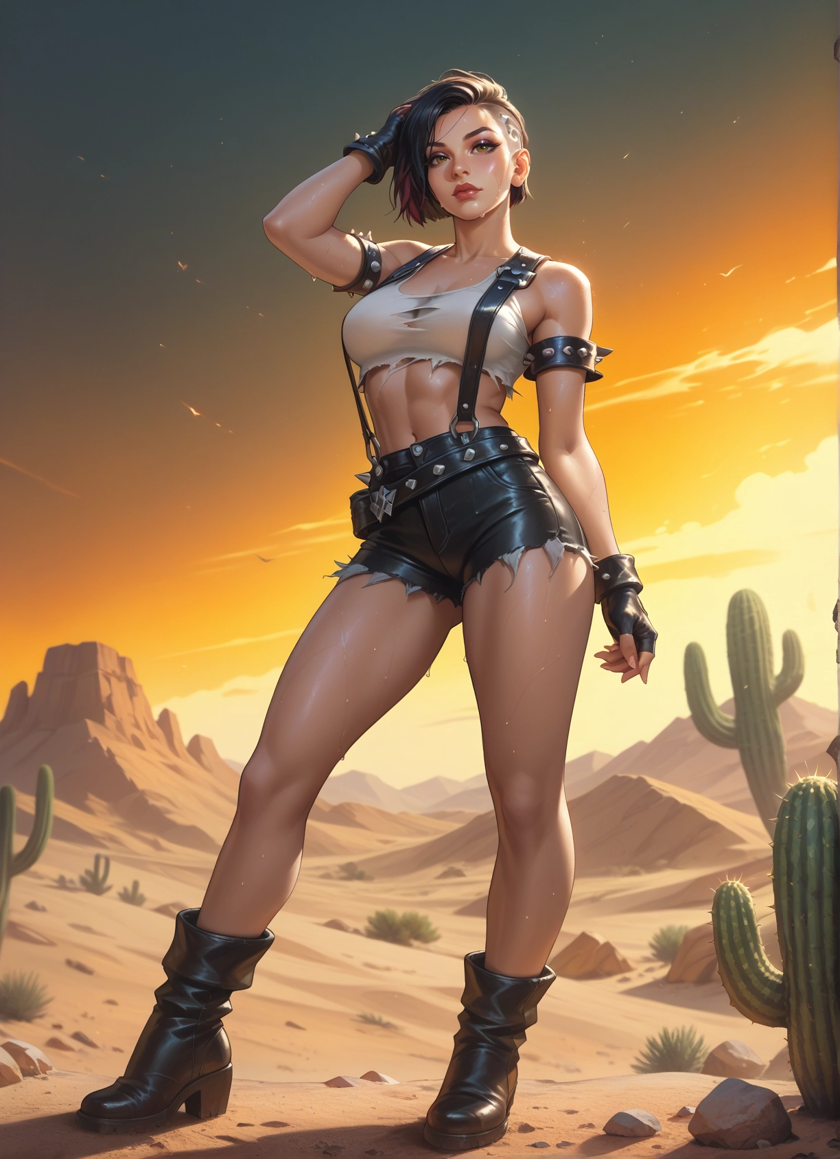 1girl, breasts, gloves, shorts, solo, cactus · Yamete.gg