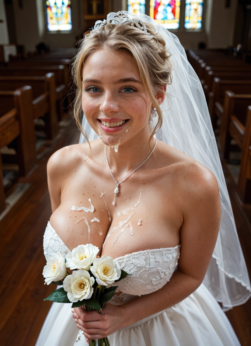 1girl, breasts, dress, cum, flower, wedding dress · Yamete.gg