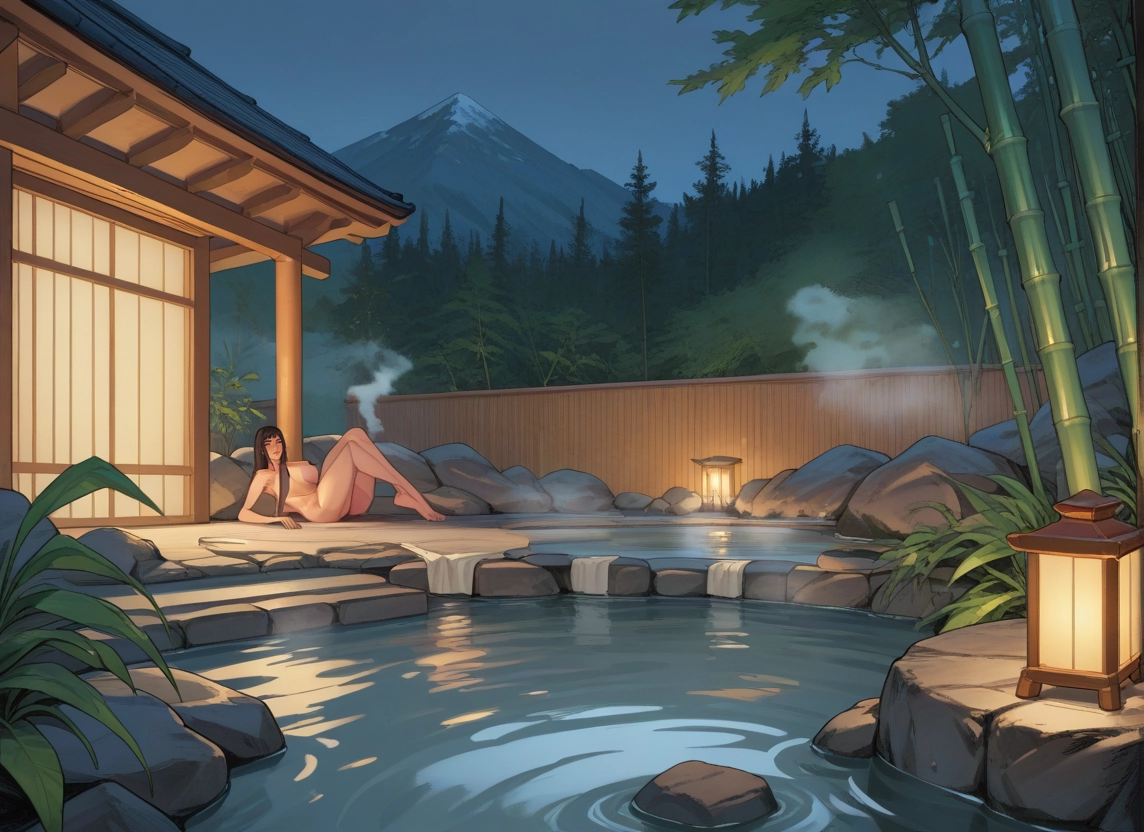 1girl, nude, onsen, bamboo, breasts, solo · Yamete.gg
