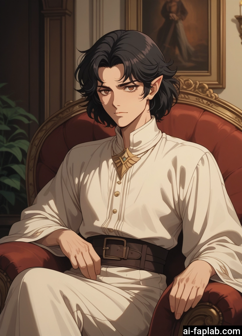 1boy, male focus, pointy ears, solo, sitting, black hair