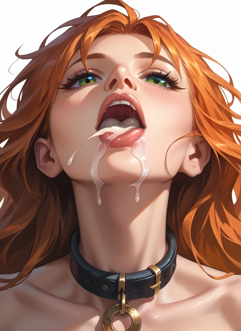 1girl, solo, tongue, green eyes, cum in mouth, collar · Yamete.gg
