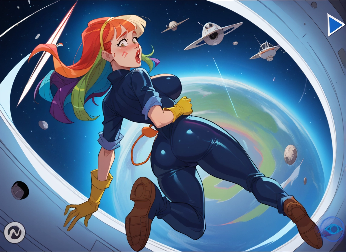1girl, ass, gloves, breasts, space, multicolored hair