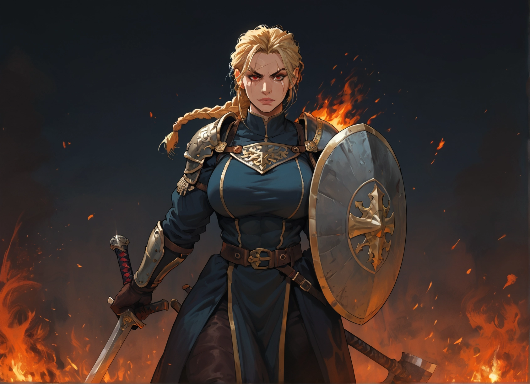 1girl, weapon, sword, shield, braid, blonde hair · Yamete.gg