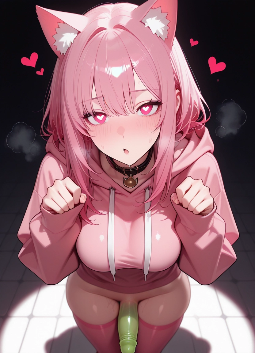 1girl, heart, hood, pink hair, thighhighs, animal ears