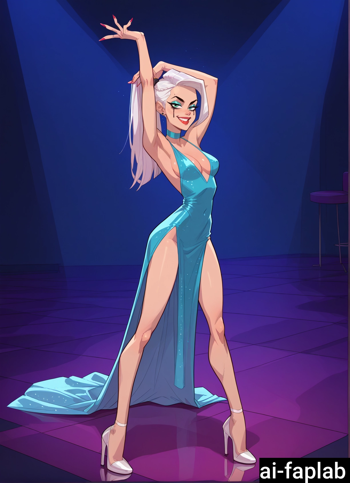 1girl, solo, breasts, dress, high heels, arms up